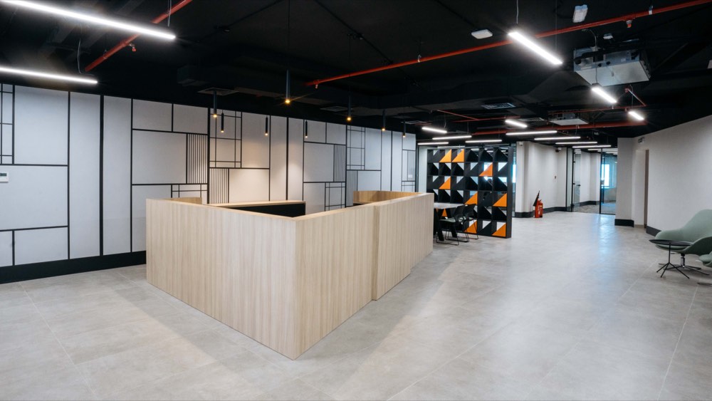 Workstation hub and graphic wall panelling